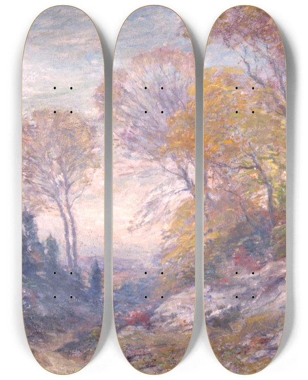 Triptych art skateboard deck of Frank A Bicknell October Morning by Frank A. Bicknell (1866-1943)