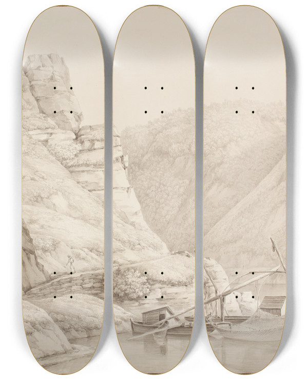 Triptych art skateboard deck of Christian Georg Schtz The Younger Blick In Das Rheintal Bei Sankt Goarshausen Im Vordergrund Fischerboote Mit Netzen by Christian Georg Schutz The Younger (1758-1823)