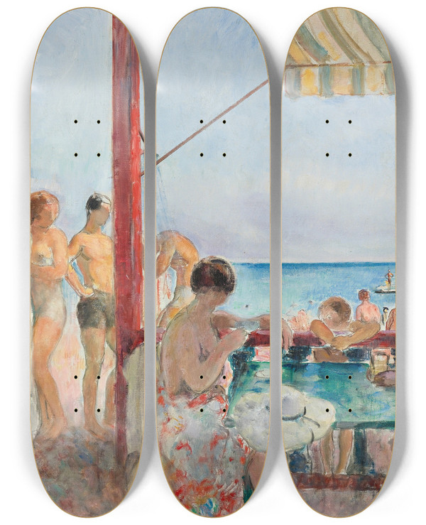 Triptych art skateboard deck of Henri Lebasque Le Bar Sur La Plage by Henri Lebasque (1865-1937)