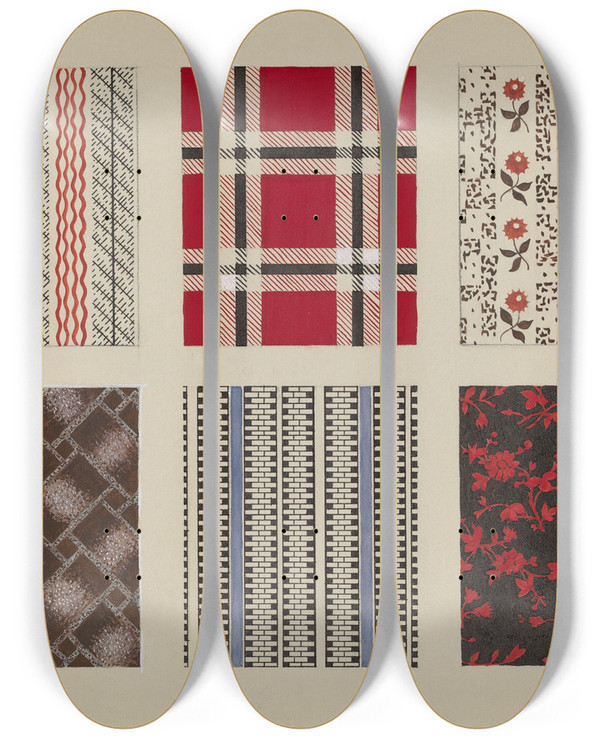Triptych art skateboard deck of Dorothy Posten Materials From Quilt_2 by Dorothy Posten