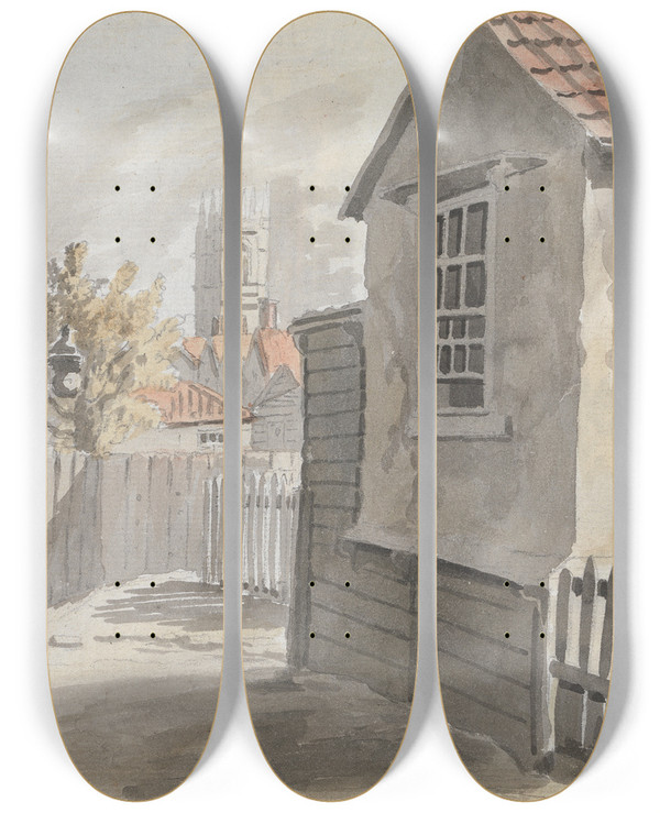 Triptych art skateboard deck of James Miller Distant View Of Church by James Miller (1773-1814)