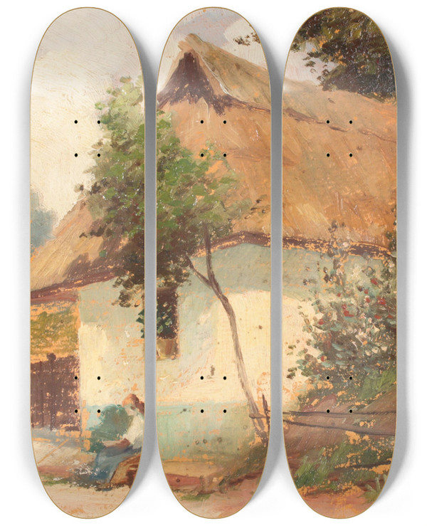 Triptych art skateboard deck of Goston Cs Ungarisches Bauernhaus by Agoston Acs (1889-1947)