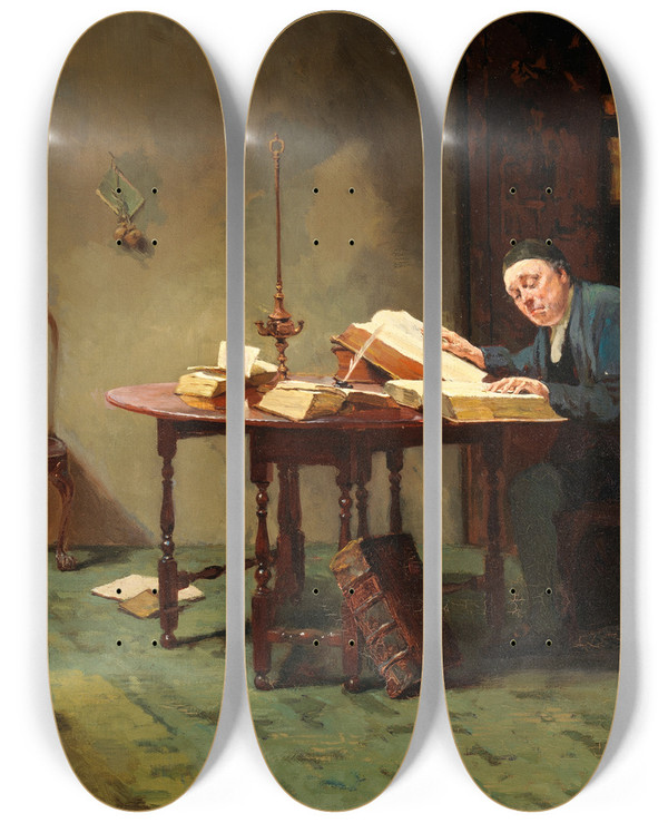 Triptych art skateboard deck of Howard Helmick The Bookworm by Howard Helmick (1845-1907)