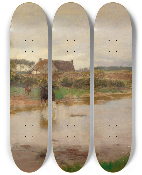 Triptych art skateboard deck of Eugen Jettel Flusslandschaft Mit Khen by Eugen Jettel (1845-1901)