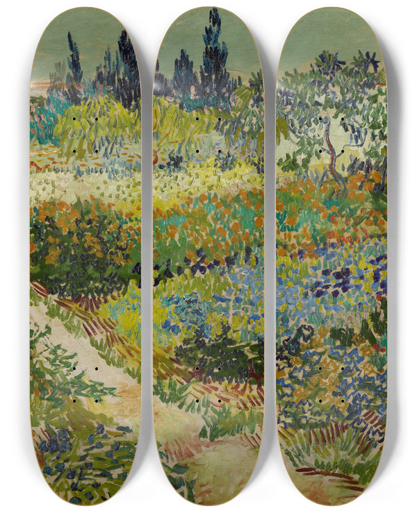 Triptych art skateboard deck of Vincent Van Gogh Garden At Arles by Vincent van Gogh (1853-1890)
