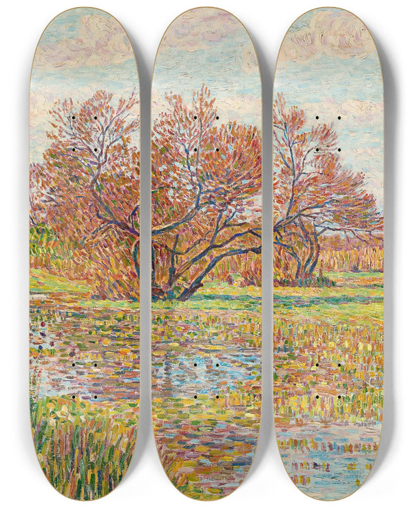 Triptych art skateboard deck of Paul Baum Landscape In Arles by Paul Baum (1859-1932)