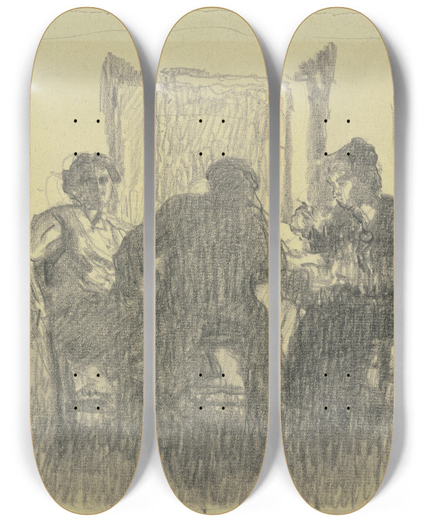 Triptych art skateboard deck of Rudolf Gudden Drei Personen An Einem Tisch by Rudolf Gudden (1863-1935)