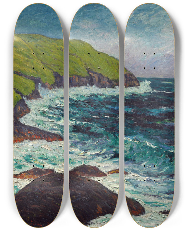 Triptych art skateboard deck of Maxime Maufra The Cliffs At Begarfry Saintjeandudoigt by Maxime Maufra (1861-1918)