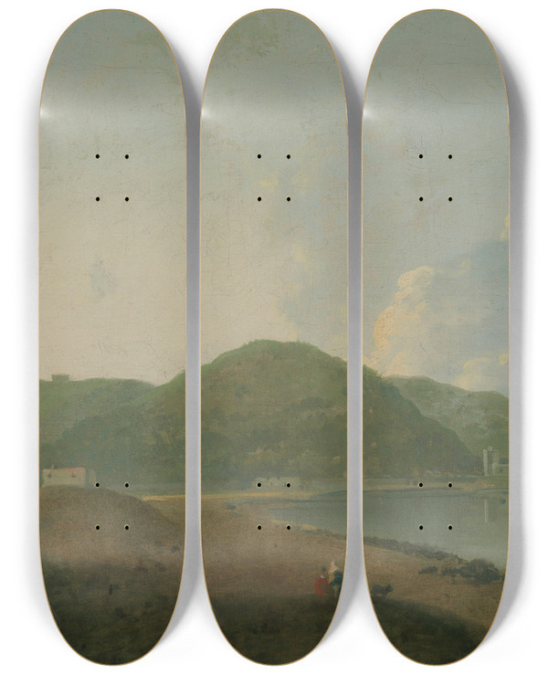 Triptych art skateboard deck of Richard Wilson Lago Dagnano With The Grotta Del Cane by Richard Wilson (1714-1782)