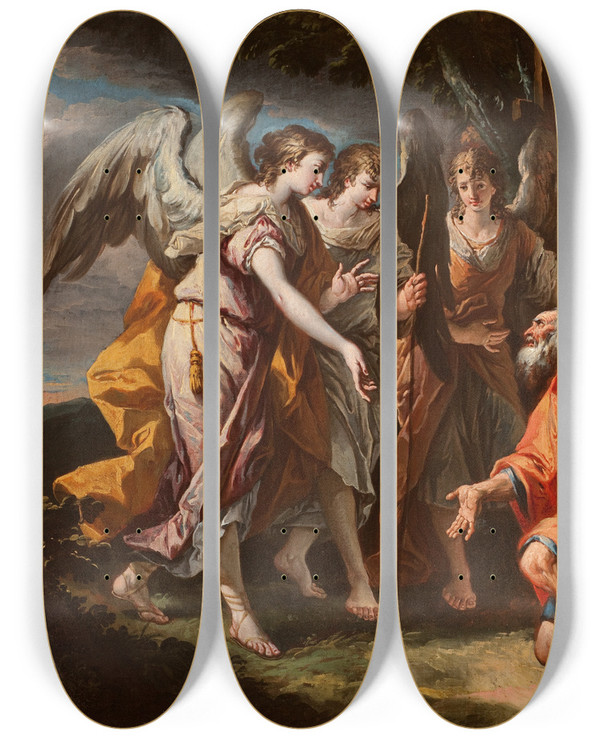 Triptych art skateboard deck of Gaspare Diziani Abraham And The Angels by Gaspare Diziani (1689-1767)