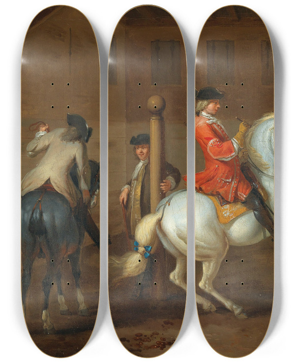Triptych art skateboard deck of Johann Georg De Hamilton A Cavalier On A Gray Horse In A Riding School by Johann Georg De Hamilton (1672-1737)