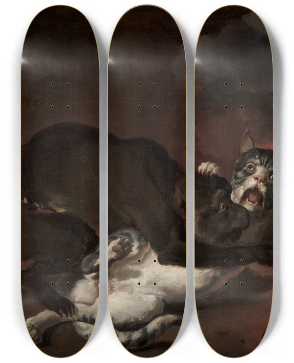 Triptych art skateboard deck of Abraham Hondius The Monkey And The Cat by Abraham Hondius (1625-1695)