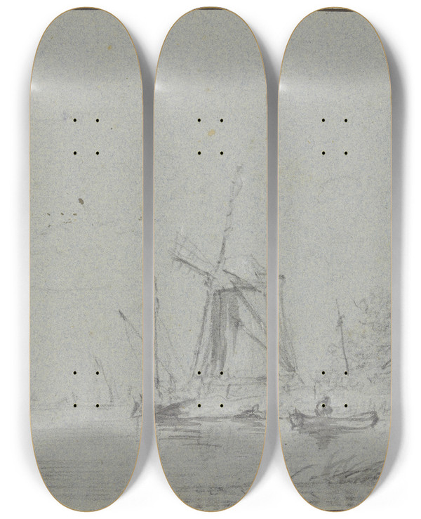 Triptych art skateboard deck of Jacob Van Ruisdael Windmhle Am Wasser Vorne Zwei Khne by Jacob Van Ruisdael (1628-1682)