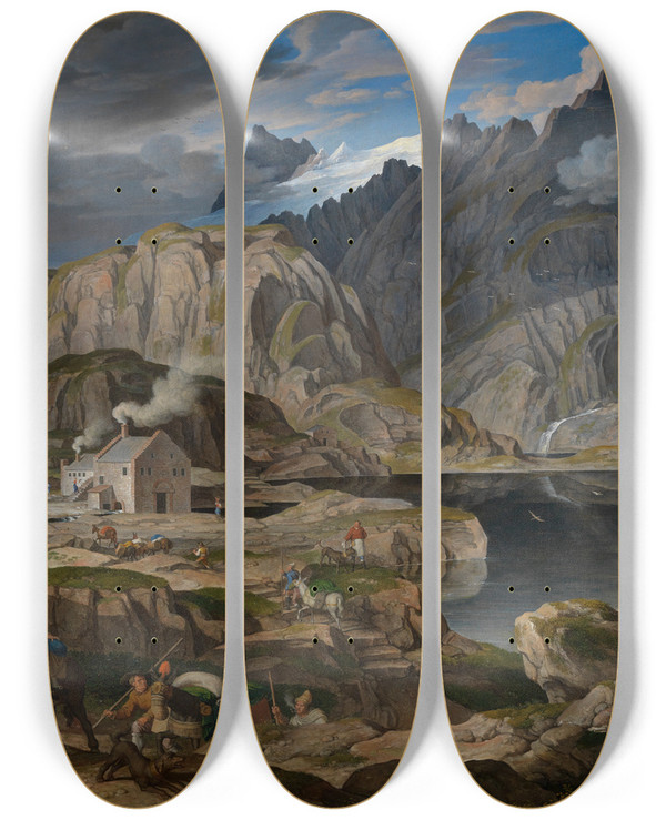 Triptych art skateboard deck of Joseph Anton Koch Das Hospiz Auf Dem Grimselpass by Joseph Anton Koch (1768-1839)