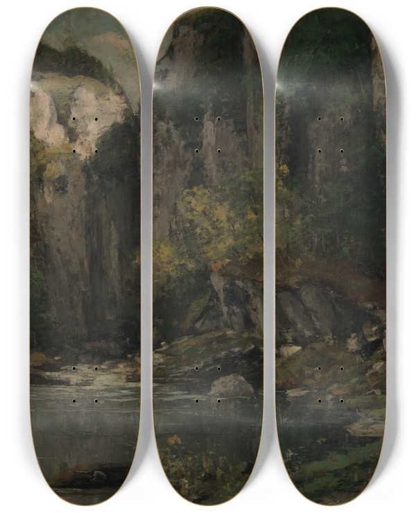 Triptych art skateboard deck of Gustave Courbet River And Rocks by Gustave Courbet (1819-1877)