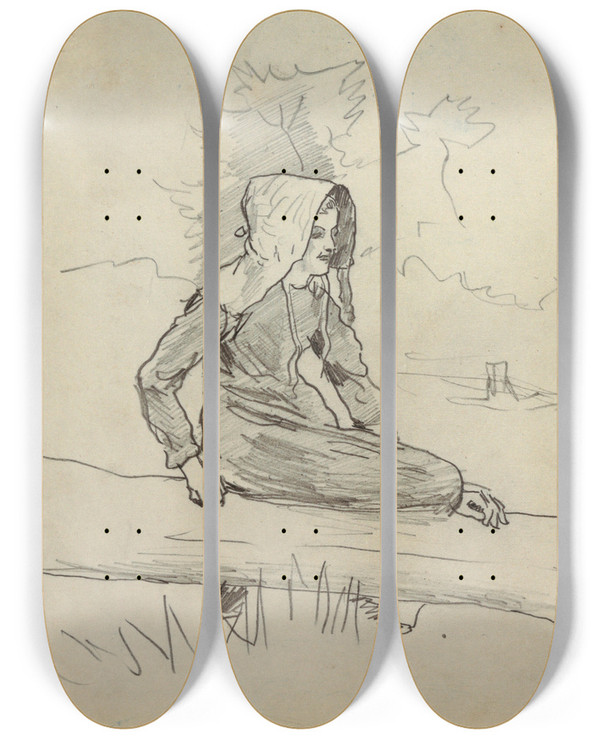 Triptych art skateboard deck of Winslow Homer Girl Seated On A Tree Trunk by Winslow Homer (1836-1910)