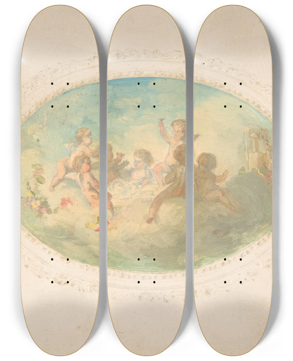 Triptych art skateboard deck of Julesedmondcharles Lachaise Winged Putti At A Banquet by Jules-Edmond-Charles Lachaise (1897)