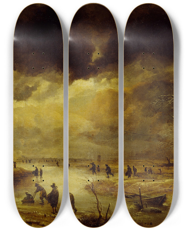 Triptych art skateboard deck of Aert Van Der Neer A Winter Scene by Aert van der Neer (1603-1677)