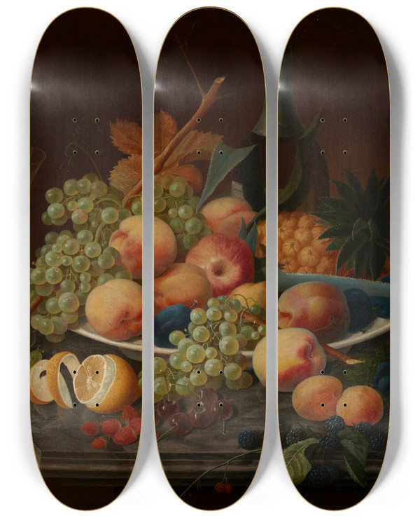 Triptych art skateboard deck of Severin Roesen Still Life With Fruit_2 by Severin Roesen (1816-1872)