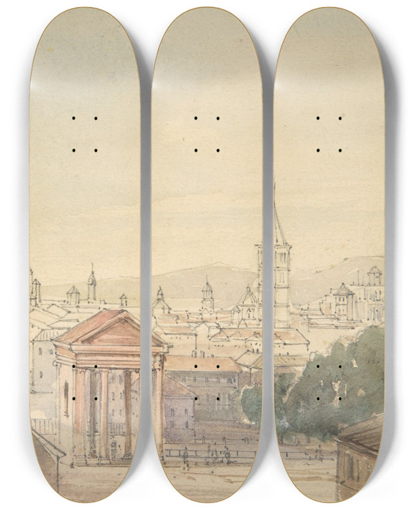 Triptych art skateboard deck of Adrian Ludwig Richter View Of Milan by Adrian Ludwig Richter (1803-1884)
