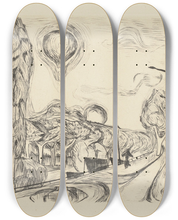 Triptych art skateboard deck of Max Beckmann Landscape With Balloon by Max Beckmann (1884-1950)