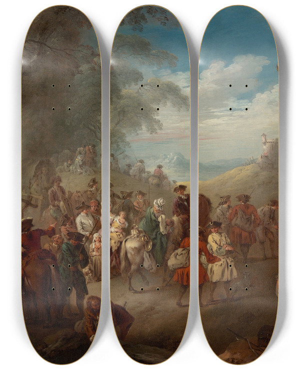 Triptych art skateboard deck of Jeanbaptiste Pater Troops On The March by Jean-Baptiste Pater (1695-1736)