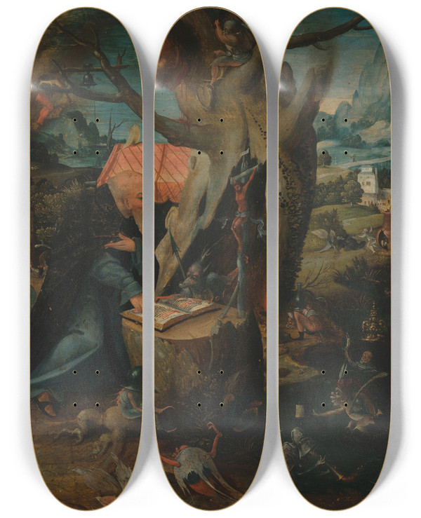 Triptych art skateboard deck of Follower Of Hieronymous Bosch Temptation Of Saint Anthony by Follower Of Hieronymous Bosch (1450-1516)