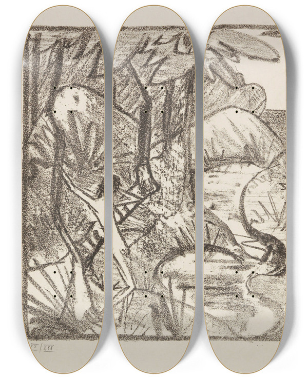 Triptych art skateboard deck of Otto Mueller Zwei Figuren Am Waldbach 2 Waldlandschaft by Otto Mueller (1874-1930)
