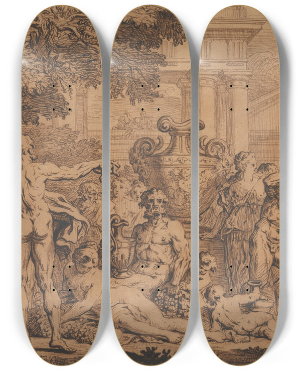 Triptych art skateboard deck of Franois Rottiers Bacchanal by Francois Roettiers (1685-1742)