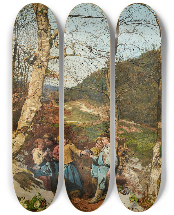 Triptych art skateboard deck of Ferdinand Georg Waldmller Early Spring In The Vienna Woods by Ferdinand Georg Waldmuller (1793-1865)