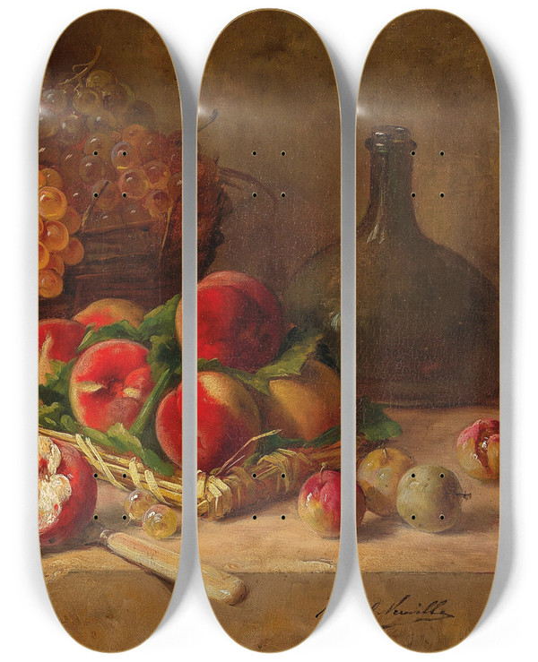 Triptych art skateboard deck of Arthuralfred Brunel De Neuville Fruit Still Life With Peaches And Grapes by Arthur-Alfred Brunel de Neuville (1852-1941)