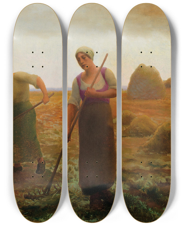 Triptych art skateboard deck of Aim Perret Erntehelferinnen by Aime Perret (1847-1927)