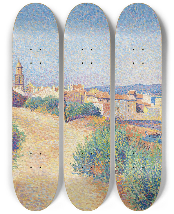 Triptych art skateboard deck of Maximilien Luce Sainttropez_1 by Maximilien Luce (1858-1941)