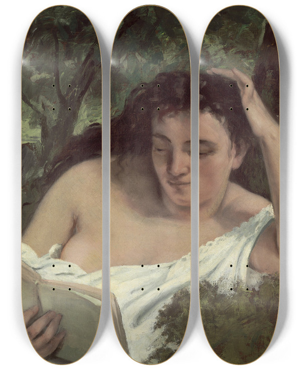 Triptych art skateboard deck of Gustave Courbet A Young Woman Reading by Gustave Courbet (1819-1877)