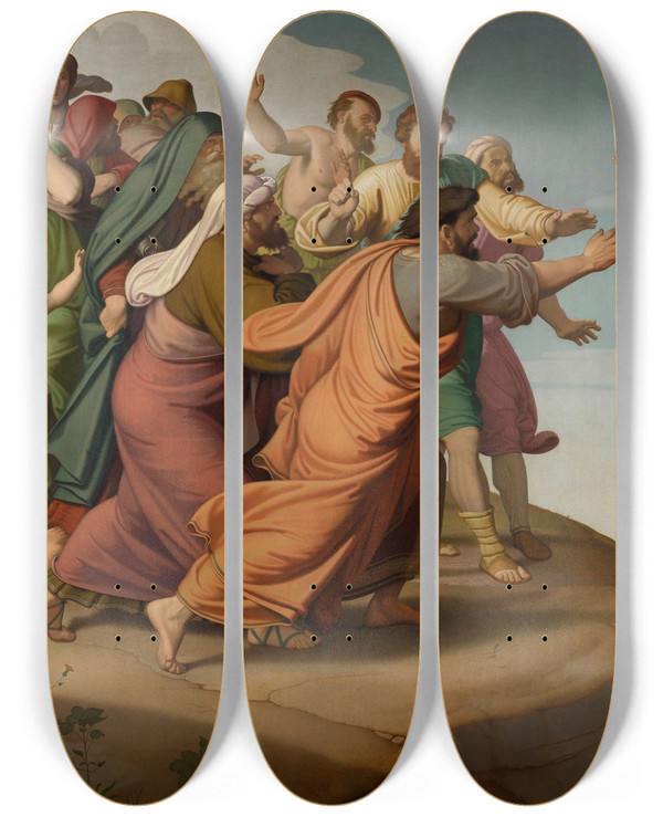 Triptych art skateboard deck of Johann Friedrich Overbeck Christ Escapes The Pharisees by Johann Friedrich Overbeck (1789-1869)