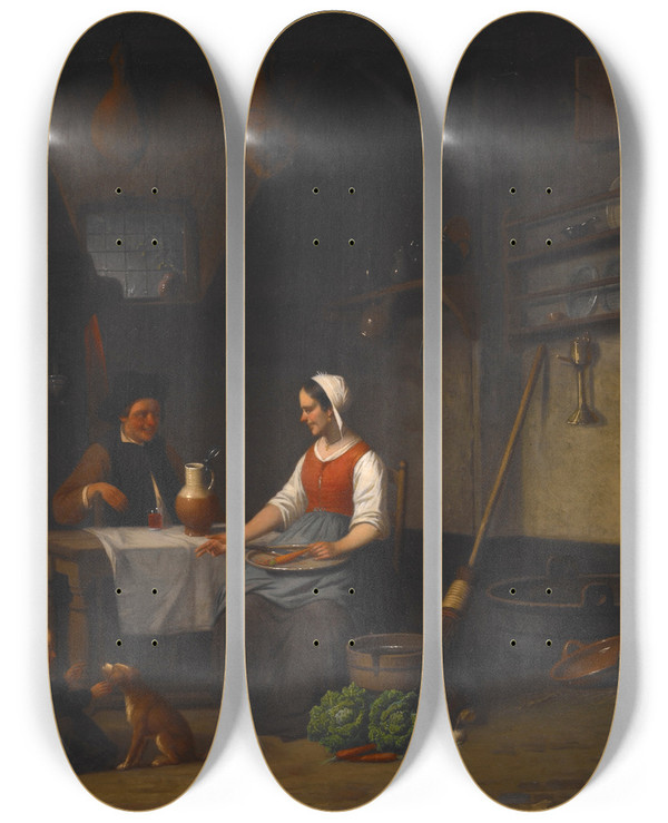 Triptych art skateboard deck of Charles Venneman Interior Scene by Charles Venneman (1802-1875)