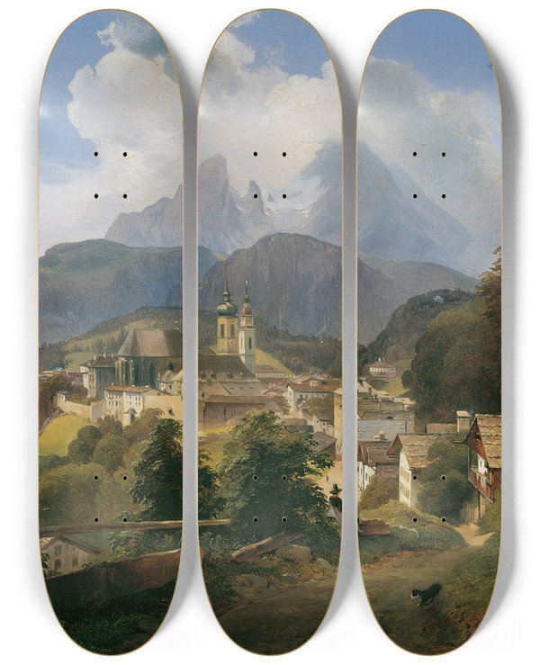 Triptych art skateboard deck of Johann Fischbach Berchtesgaden Mit Dem Watzmann by Johann Fischbach (1797-1871)