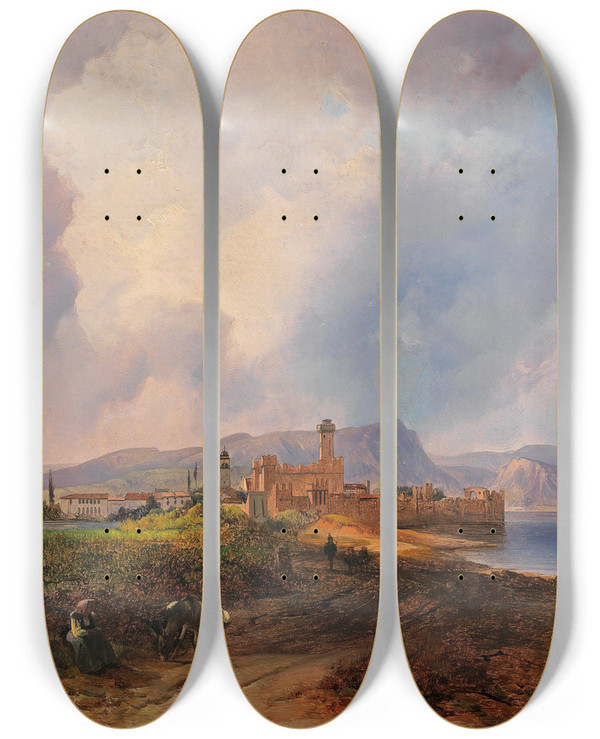 Triptych art skateboard deck of Anton Hansch Sirmione by Anton Hansch (1813-1876)