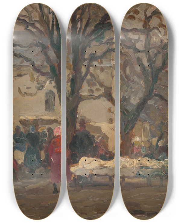 Triptych art skateboard deck of Teodor Jozef Mousson Na Trhu Pred Kostolom by Jozef Teodor Mousson