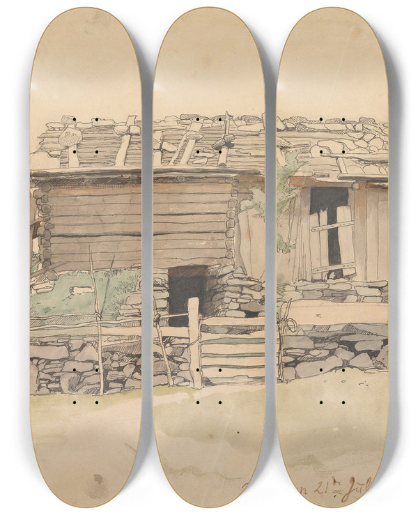 Triptych art skateboard deck of Hans Gude Lve Og Skigard Vassenden by Hans Gude (1825-1903)