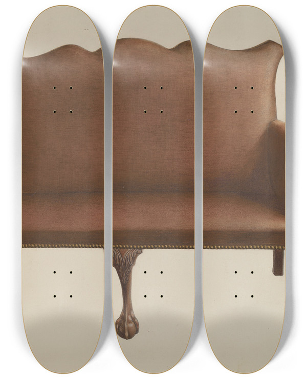 Triptych art skateboard deck of Rolland Livingstone Settee by Rolland Livingstone