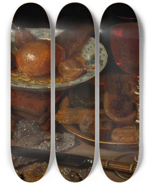 Triptych art skateboard deck of Georg Flegel Still Life With Fruit And Sweetmeats by Georg Flegel (1566-1638)