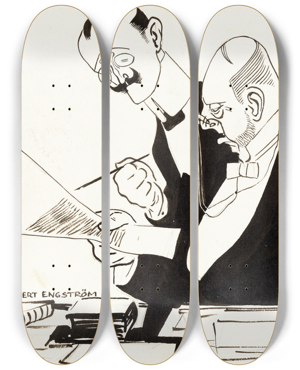 Triptych art skateboard deck of Albert Engstrm Springer The Notary by Albert Engstrom (1869-1940)
