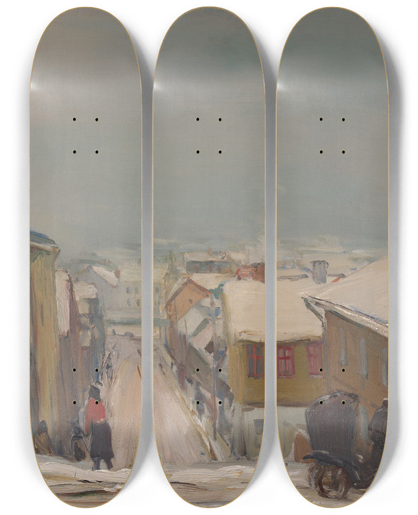 Triptych art skateboard deck of Andrus Johani Talvemaastik Tartus Liiva Tnav Talvel by Andrus Johani (1906-1941)