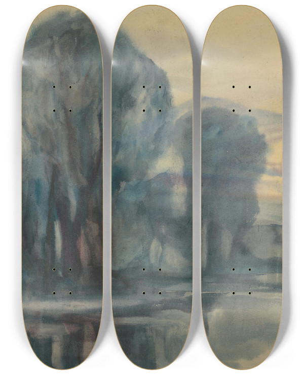 Triptych art skateboard deck of Zolo Palugyay Trees By The River by Zolo Palugyay (1898-1935)