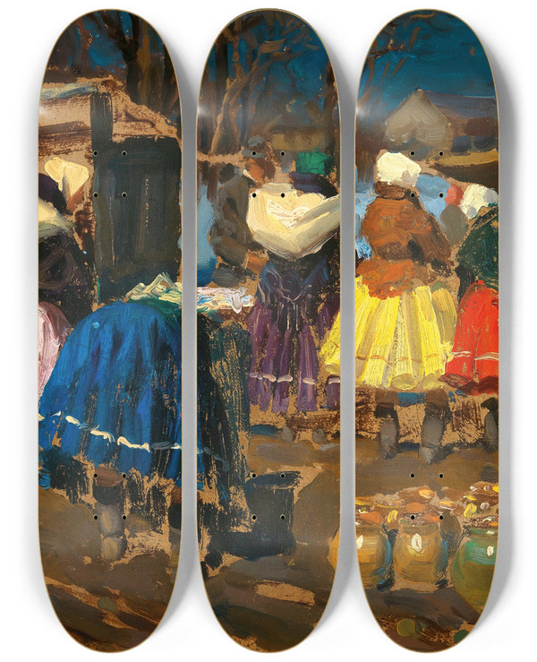 Triptych art skateboard deck of Tivadar Josef Mousson On The Market by Tivadar Josef Mousson (1887-1946)