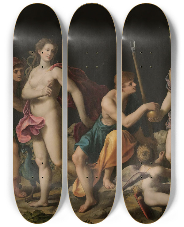 Triptych art skateboard deck of Alessandro Turchi The Judgement Of Paris by Alessandro Turchi (1578-1649)