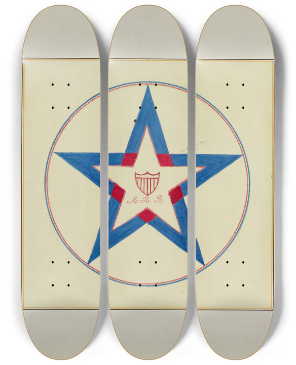 Triptych art skateboard deck of Cornelius Christoffels And Margaret Linsley Pieced Autograph Quilt 1 Piece_19 by Cornelius Christoffels And Margaret Linsley