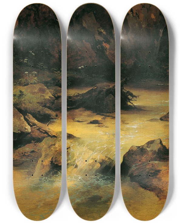 Triptych art skateboard deck of Friedrich August Matthias Gauermann Wildbach by Friedrich August Matthias Gauermann (1807-1862)