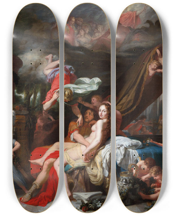 Triptych art skateboard deck of Gerard De Lairesse Hermes Ordering Calypso To Release Odysseus by Gerard de Lairesse (1641-1711)
